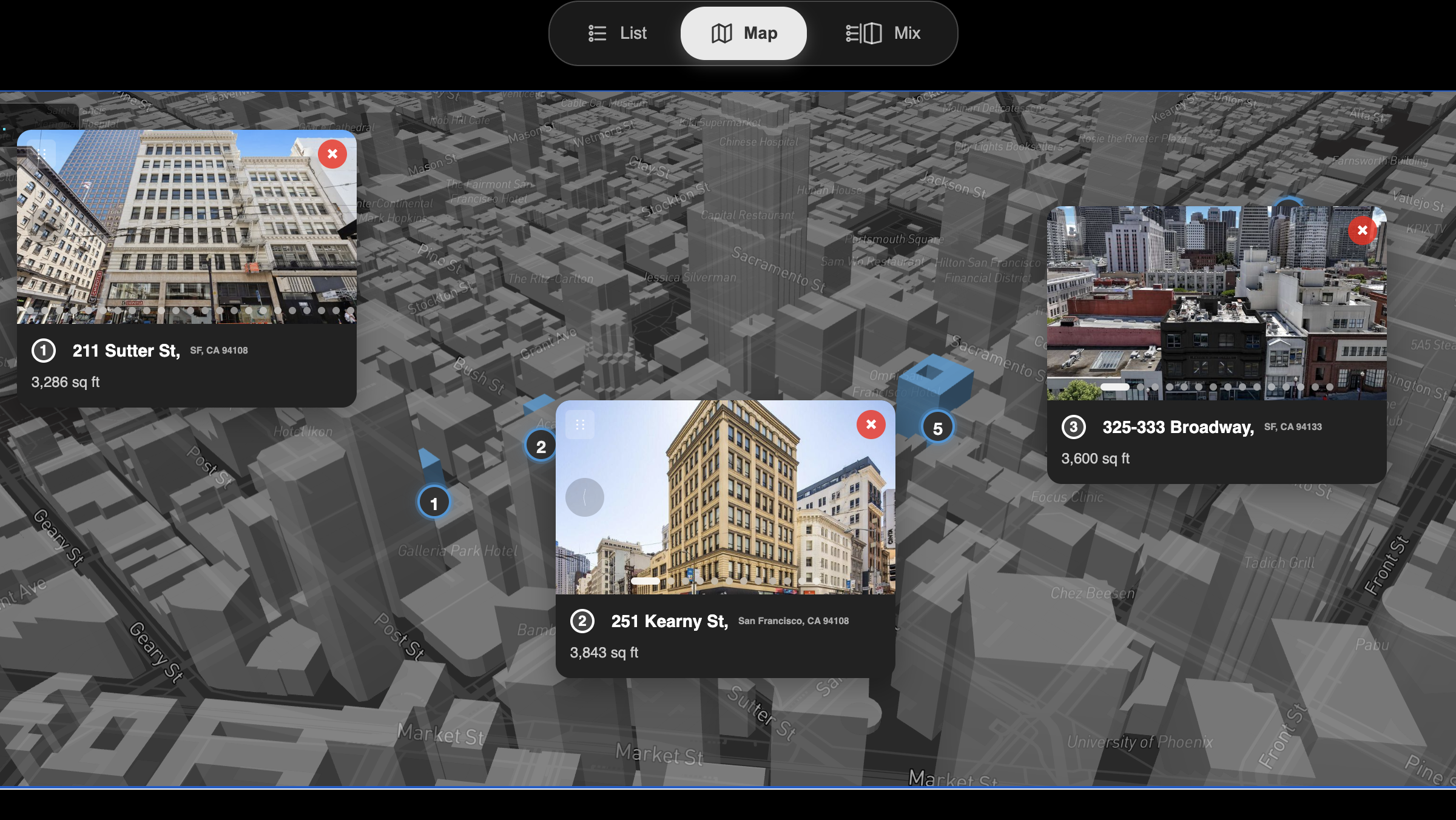 Gravitate interactive market survey with 3D map view showing San Francisco office listings