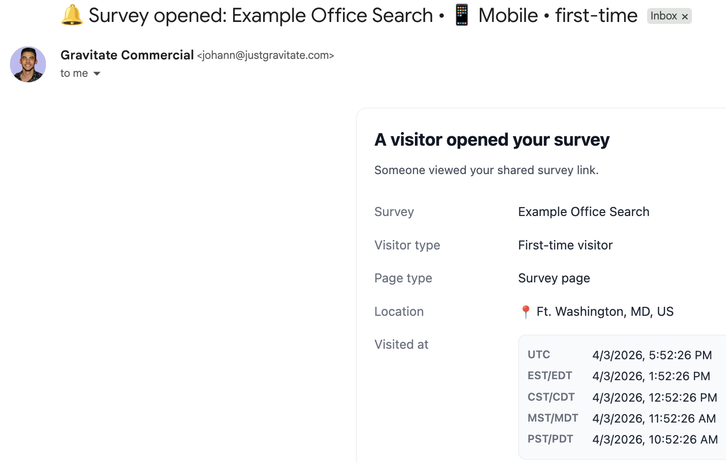 Engagement notification showing client activity on a Gravitate survey