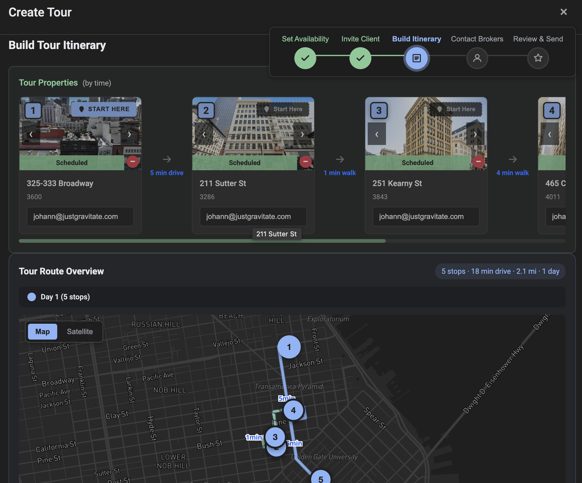 Tour itinerary with optimized route map in Gravitate